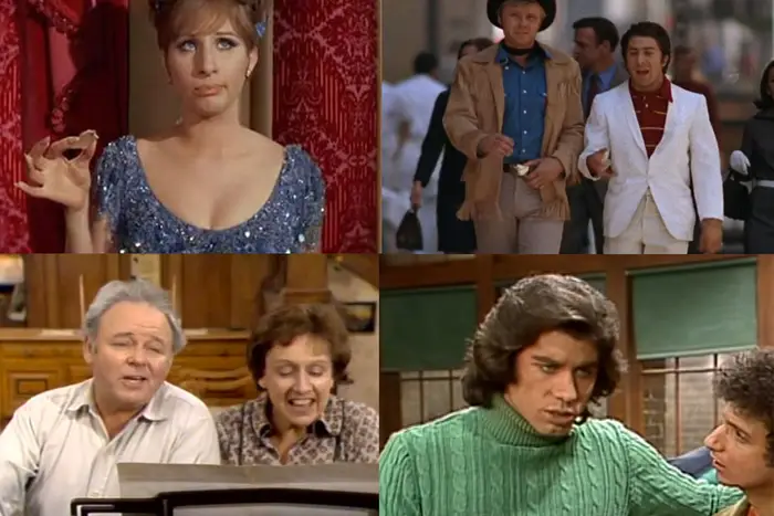 From clockwise, top left: Barbra Streisand in 'Funny Girl'; Jon Voight and Dustin Hoffman in 'Midnight Cowboy'; John Travolta in 'Welcome Back, Kotter'; and Carroll O'Connor and Jean Stapleton in 'All in the Family'